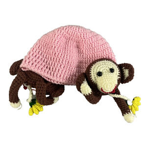 Crochet Sock Monkey Muffs Pink Youth Hat Beanie Trapper Handmade